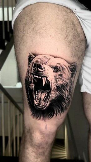 🐻 Realistic Bear Thigh Tattoo | Black & Grey Wildlife Design 🖤