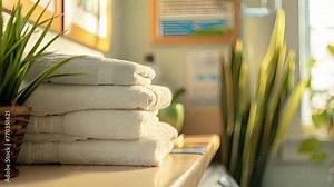 A stack of clean folded towels sits on a shelf in the laundry room. Nearby a bulletin board displays important reminders and announcements for the community living in this