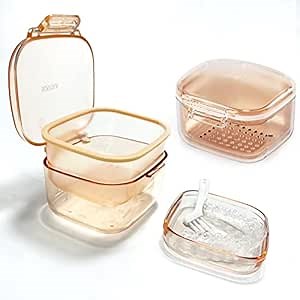 Denture Bath Box,Denture Case,Three-Layer Retainer Case,Non Full Denture Cup,Mouth Guards Holder,Part Removable False Teeth Soak Container,Retainer Clean Box(orange) Size:3.15 * 2.08 * 3.35