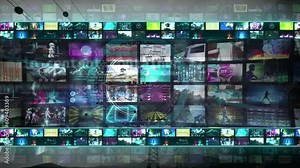 collage montage video broadcast animation with transmission electrical tower and hud interface graphic overlay. many videos in scifi futuristic robot theme