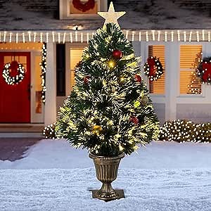 Choies 3 FT Pre-Lit Artificial Christmas Tree,Lighted Fiber Optic Christmas Tree Outdoor with Ornaments Christmas Decorations,Tabletop Xmas Tree for Driveway,Porch,Yard, Garden