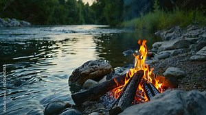 Campfire by the River. Stunning 4K Ultra HD Footage - Perfect for Professional Projects