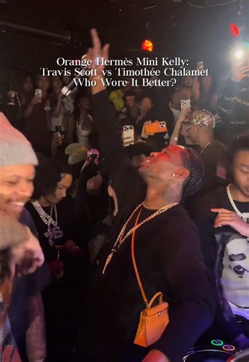 Is Travis Scott trying to upstage Timothée with his exotic orange mini Kelly?🧡 After Timothée stepped out with his non-exotic version, Travis has now appeared with this rarer (& more expensive) version. Which mini Kelly do you prefer? #hermes #minikelly #travisscott Credit: @yg..