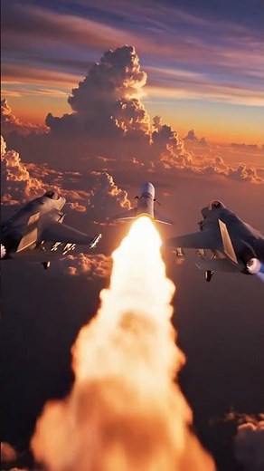 American fighter jets flying over the ocean at sunset, F-35 jets launching missiles, dramatic clouds