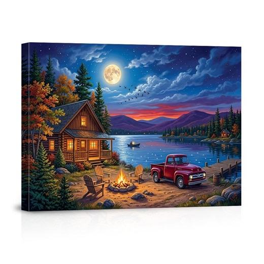 Log Cabin Lake Full Moon Campfire Red Truck Canvas Wall Art – Rustic Mountain Decor for Home Living Room