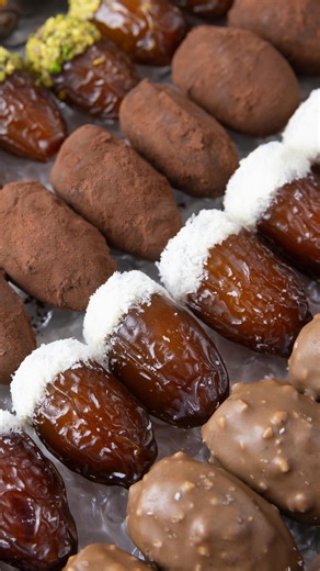 Yasmine Fahfouhi on Instagram: "Je n’ai pas l’habitude de préparer à l’avance pour le Ramadan, mais cette recette pour revisiter les dattes, je devais absolument la partager avec vous Détails de la recette : des dattes, bien sûr 🙌🏻 1 ère version : Pour les fans du combo choco - orange Pâte d’amande Écorces d’orange confites Chocolat noir pour l’enrobage Je coupe les écorces d’orange confites en petits morceaux et je les rajoute à la pâte d’amande . Je forme ensuite de petits bâtonnets, je garn