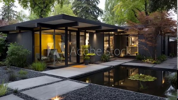 Modern house exterior with reflecting pool and landscaping in daylight