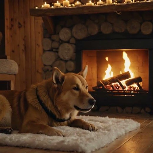 Cozy Fireplace Ambience | Sleeping Dog & Snowy Winter Night