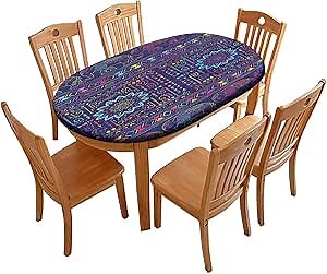 Abstract Pattern Printed on Oval Fitted Tablecloth, Elastic Tablecloth, Table Protectors Pads for Dining Room Table, Fits for 60" x 84" Oval Table