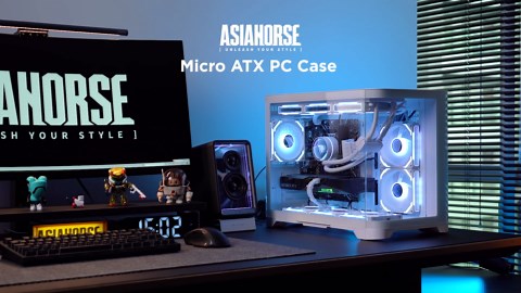 AsiaHorse MATX PC Case Dual Chamber 270° Full View Tempered Glass Gaming PC Case with Type-C, Mid Tower MATX Computer Case, Pegasus-White