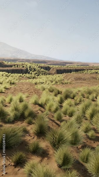 the rocky landscape of the Californian Mojave Desert with green shrubs