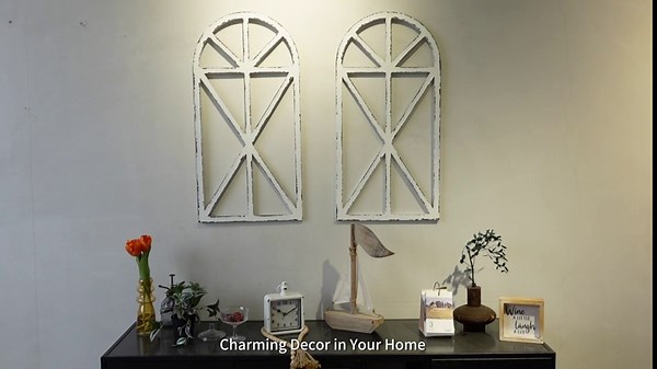 SwallowLiving Set of 2 Large Farmhouse Window Frame Wall Decor, 16x32 Inch Rustic Cathedral Arch Wood Wall Art, Distressed White Faux Church Window Frames for Living Room, Bedroom, Entryway