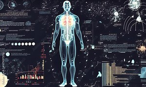 A detailed infographic of the human body with scientific data and visualizations.