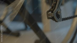Cyclist On Bicycle Drivetrain System And Chain Rotating.Gear System And Bike Wheel.Cycling Drivetrain Chain Cassette And Spokes.Cyclist Pedaling Bike Endurance Exercising. Cycling Bike Wheel Rotation
