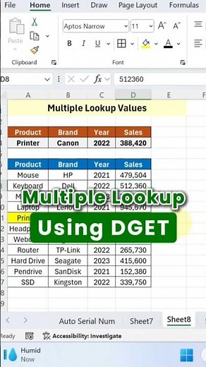 Multiple Lookup in Excel using DGET Formula | Excel Trick #exceltips #exceltricks #explore
