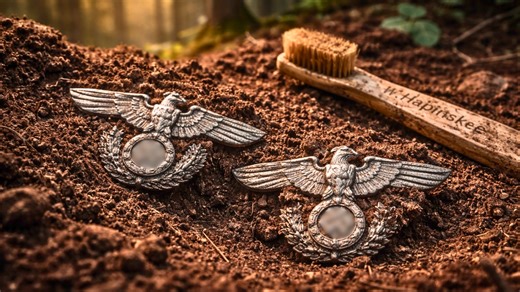 An abandoned Wehrmacht barracks site, personal name tags, cap badges, and supplies left behind in 1944