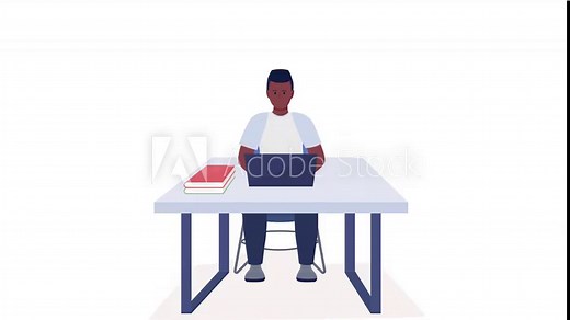 Animated boy working on laptop. Using computer in class. Full body flat person on white background with alpha channel transparency. Colorful cartoon style HD video footage of character for animation