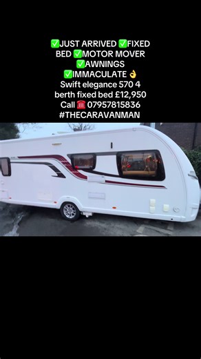 ✅FRESH IN ✅IMMACULATE ✅FIXED BED ✅ ✅MOTOR MOVER ✅AWNINGS ✅AS NEW 👌 2014 SWIFT ELEGANCE 570 50th year model ! 4 berth fixed bed , large double to front convert , large rear bathroom , cooker grille hob AS NEW , microwave, 3 way fridge , has MOTOR MOVER , AWNINGS , locks , many extras , this van is in IMMACULATE CONDITION must be viewed to be appreciated , JUST ARRIVED £12,950 ! ✅FINANCE ARRANGED ✅WARRANTY GIVEN ✅CHHRIS REGISTERED ✅AQUA ROLL ✅WASTEMASTER ✅ELECTRIC CABLE CALL ☎️ 07957815836 #theca