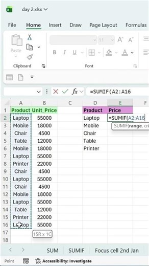 SUMIF function in Excel along either UNIQUE Formula