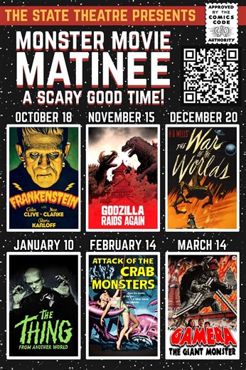 Fall into our Monster Movie Matinee series at the State Theatre of Modesto! Scheduled as far as March 2026 for your viewing pleasure, bringing classic creatures to the big screen! Bring the family, round up the friends, come solo - and join the fun every month! Did you know? 🌩️Frankenstein (1931): Many people mistakenly call the monster "Frankenstein," but that's actually the name of the doctor who created him! The monster was brought to life by legendary actor Boris Karloff, who spent hours in