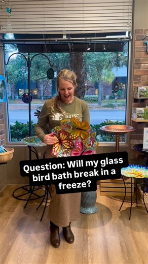 Will our glass bird baths break in a freeze??? YES!!! They will. So….having an additional birdbath made from plastic, stone, metal, quality clay or concrete is ideal! The birds will appreciate a fresh bird bath so much when the temperatures drop below freezing! You’ll want to add some warm water to your bird baths as soon as it’s safe to do so during a freeze so that birds have a safe place to bathe and drink from! Today at the store, we had a couple of customers talking about seeing flocks of r