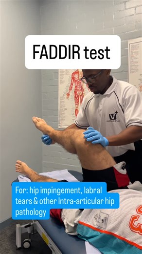 Colchester sports Injury Clinic on Instagram: "A positive FADIR test occurs when flexing the hip, moving the knee across the body, and internally rotating the hip reproduces groin pain, clicking, or a pinching sensation. This finding suggests possible femoroacetabular impingement, a labral tear, or other intra-articular hip pathology. #hippain #hipassessment #colchesterphysio #hipspecialtests #vigourplusclinic"