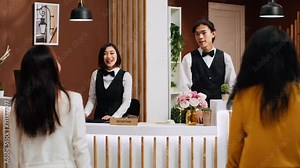 Woman on vacation arriving at five star hotel reception, talking to receptionist about accommodation. Front desk staff welcoming customer to confirm room reservation. Tripod shot.