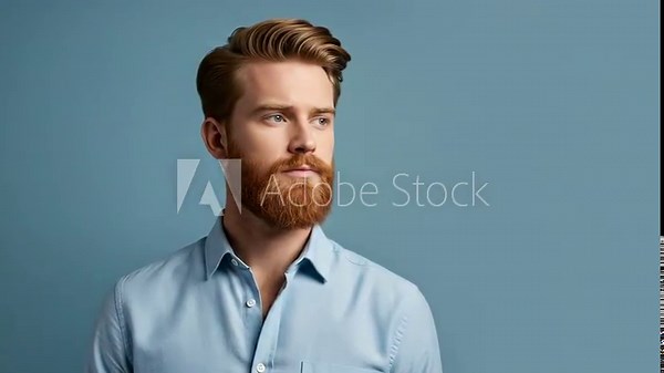 Handsome Redhead Man: Stylish Ginger Beard, Modern Hairstyle, Blue Shirt - Pensive Male Model Portrait on Blue Studio Background
