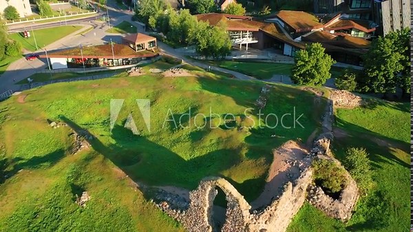 Rezekne, Latgale ,Latvija. Aerial 4K video from drone to of Rezekne city center at sunrise. (Series)