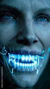 Glowing blue cybernetic implant on mouth with bright blue eyes creates futuristic alien face in dark sci fi style
