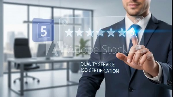 Businessman pointing at virtual i s o certification rating stars in modern office 4K Ai HD high quality video.