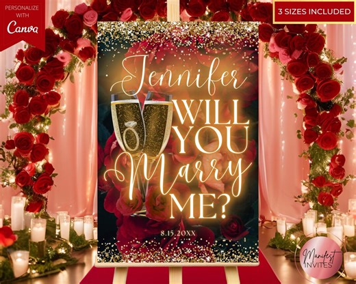 Editable Will You Marry Me Sign, Personalized Proposal Sign, Engagement Photo Prop, Gold Neon Red Floral Roses Champagne, Canva Template - Etsy