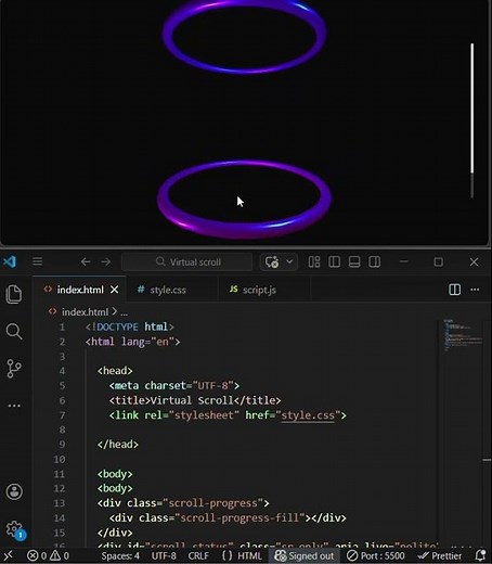 How to create Virtual scroll by using HTML,CSS and JAVASCRIPT in VS code.