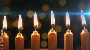 Candle flames dancing and flickering in drafts, lens flare sweeping backdrop creating ambient mood