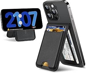 For Magsafe Wallet Stand, Strongest Magnetic Wallet for iPhone 17/16/15/14/13/12 Series, Magnetic Card Holder with Adjustable Stand, ID Window, 6 Cards Holder, Vegan Leather, RFID Blocking, Black