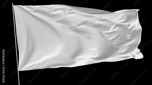 Blank plain white flag with flagpole waving in the wind, 3D animation with transparency alpha channel included, codec PNG + Alpha