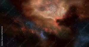 Fly through space nebulae, star field and towards star cluster. Glowing clouds and dark dust. Blue, red, orange and yellow hue. 3D rendering animation