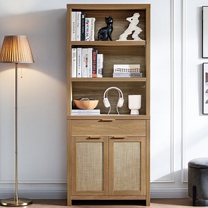 OAKHAM 5 Shelf Bookcase with Doors, 73" Tall Rattan Bookshelf with Cabinet and Drawer, Weathered Oak