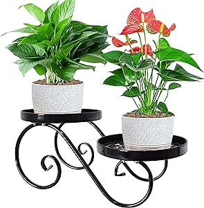 TLBTEK 2 tier Metal Plant Stand,Black Round Potted Planter Stands Indoor Outdoor ,Multiple Modern Flower Pot Stand Holder Rack Display for Home,Kitchen,Patio,Garden, Corner, Balcony and Bedroom