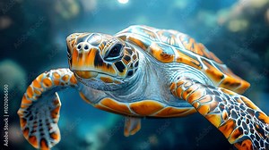 A sea turtle swims gracefully underwater, showcasing intricate shell patterns, surrounded by a calm blue ocean