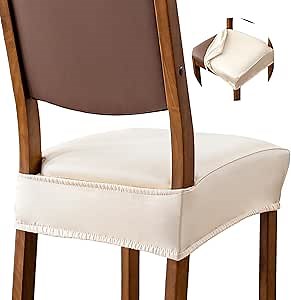Waterproof Seat Covers for Dining Room Chairs Set of 4 - PU Leather Removable Washable Chair Seat Slipcovers, Rear Covers (Beige)