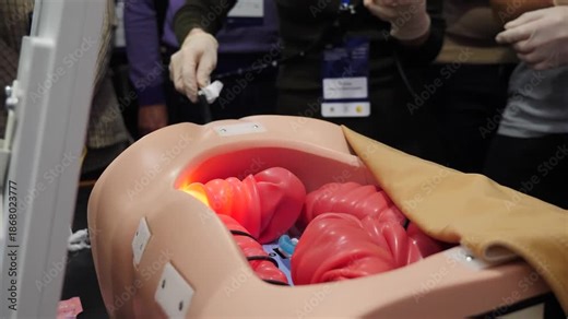 Equipment To teach colonoscopy or endoscopy, simulators models of colon anatomy of human colon and allow students to practice colonoscopy skills. Closeup shot. practicing colonoscopy skills at