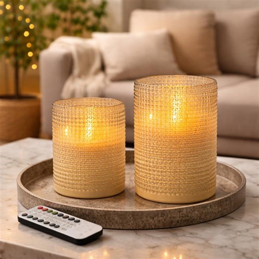 Dotted Glass Flameless LED Candle Set, Remote Timer, Real Wax, Set of 2 - Etsy