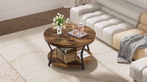 Round Coffee Tables for Living Room, Circle Wood Coffee Table, 2 Tier Industrial Modern Center Table with Thickened Tabletop and Metal Frame, 31.5 inch (Rustic Brown)