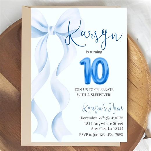 Blue Coquette Bow, Birthday Invitation Any Age, Girl Ribbon Invite, Watercolor Soft Pastel - Etsy
