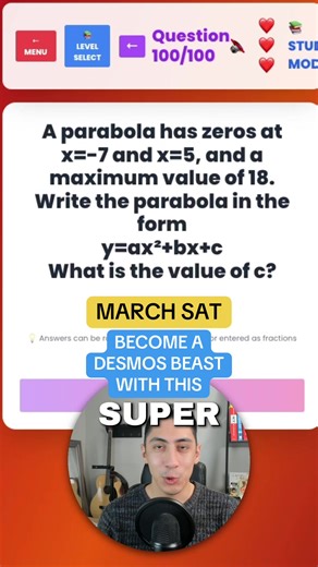 If you’re looking to score really high on the math section of the SAT you’ll need to become a master at Desmos. Desmos is the graphing calculator that is associated with the test. It is actually the official calculator of the test and away since it’s built into it, but it’s also the most powerful calculator that you can use for the test actually. And the best part of my opinion is that you can type so you can do math as quickly as you can type. There’s also a regression function that allows you 
