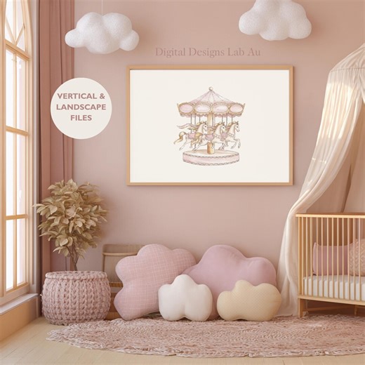 Baby Girl Nursery Wall Art, Vintage Kids Room Carousel Print, Pink and Gold, Whimsical Nursery Decor, Printable Art - Etsy