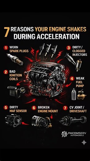 7 reson your engine shakes during acceleration 👇 If your vehicle shakes or vibrates during acceleration, it usually indicates a problem with the engine, fuel system, or drivetrain. When you press the accelerator, the engine requires the correct combination of fuel, air, and ignition to produce smooth power. If any of these systems fail, the engine may run unevenly and create noticeable vibrations. One of the most common causes is worn spark plugs or faulty ignition coils, which lead to engine m