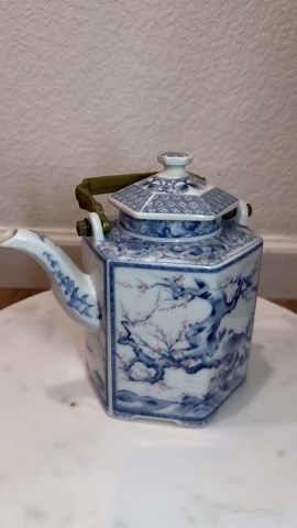 Vintage Blue and White Porcelain Hexagonal Teapot With Brass Handle - Etsy