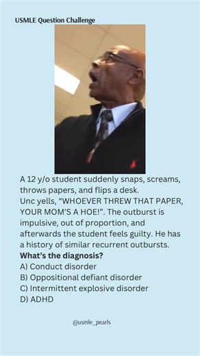 USMLE High-Yield Questions | Bro caught a stray AND a psych diagnosis 😭📄🔥 ⸻ Explanation 🧠✨ This presentation is classic Intermittent Explosive Disorder (IED). Key... | Instagram